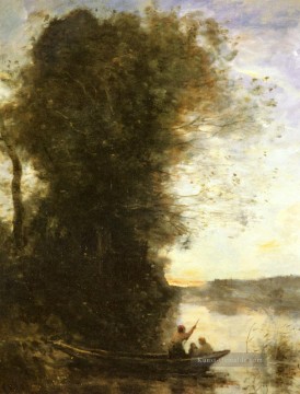  femme Kunst - Le Batelier Quittant La Rive Avec Une Femme Et Une Femme plein air Romantik Jean Baptiste Camille Corot